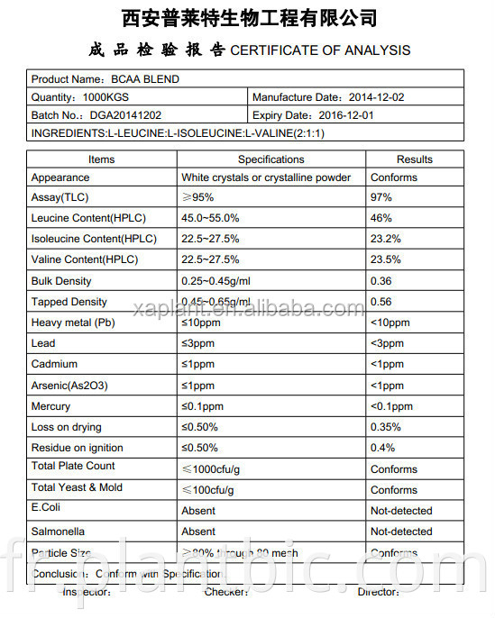 Acides aminés à la chaîne de succursale BCAA de saveur 2: 1: 1 BCAA en poudre instantanée 69430-36-0 BCAA